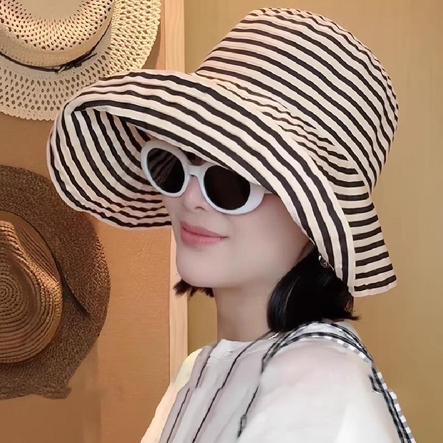 Women's Wide-Brim Striped Sun Hat – UV Protection & Adjustable Fit