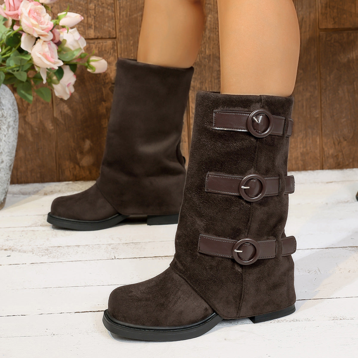 Women’s Vintage Suede Belt-Buckle Pantyhose Boots — Slim Fit Stretch Style