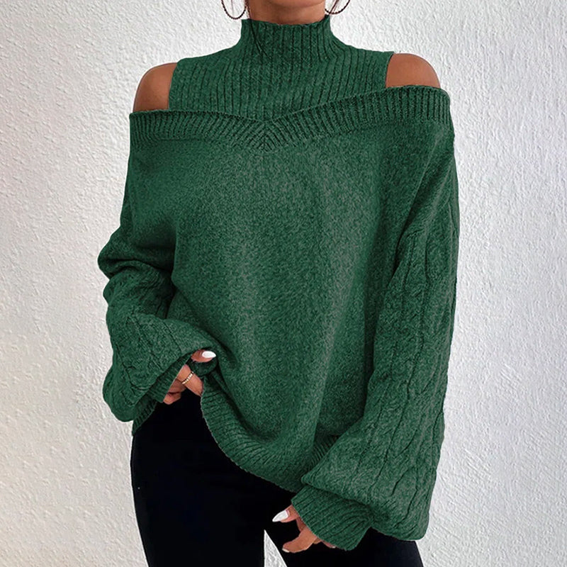 Women's Cold Shoulder Sweater - High Neck Cut Out Pullover Long Sleeve