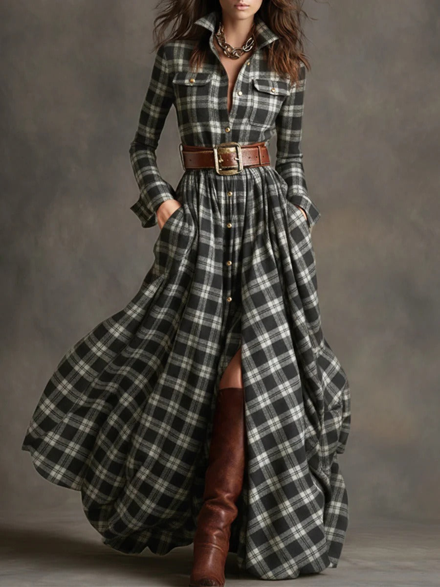 Women's Plus Size Plaid Print Long Sleeve Shirt Dress with Pockets