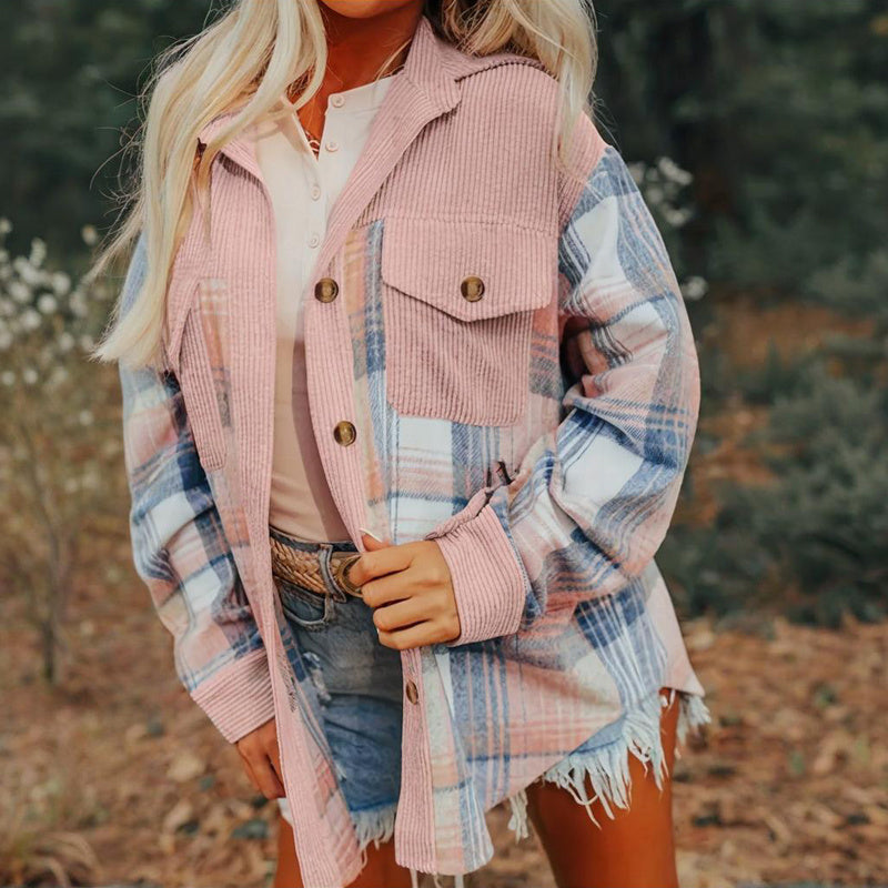 Women's Notch Lapel Check Print Long Sleeve Shirt