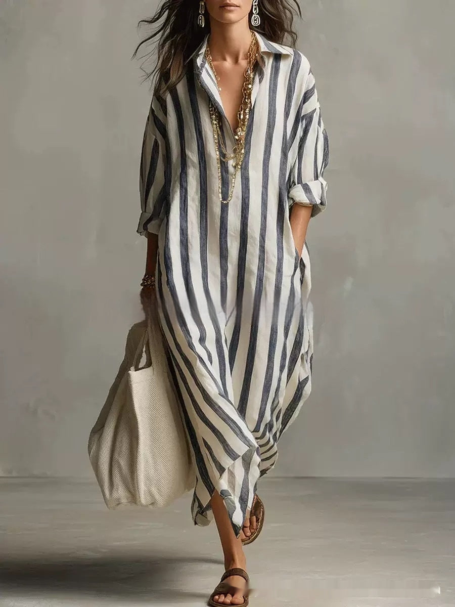 Striped Lapel Collar Dress – Side Slits & Pockets