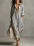 Striped Lapel Collar Dress – Side Slits & Pockets