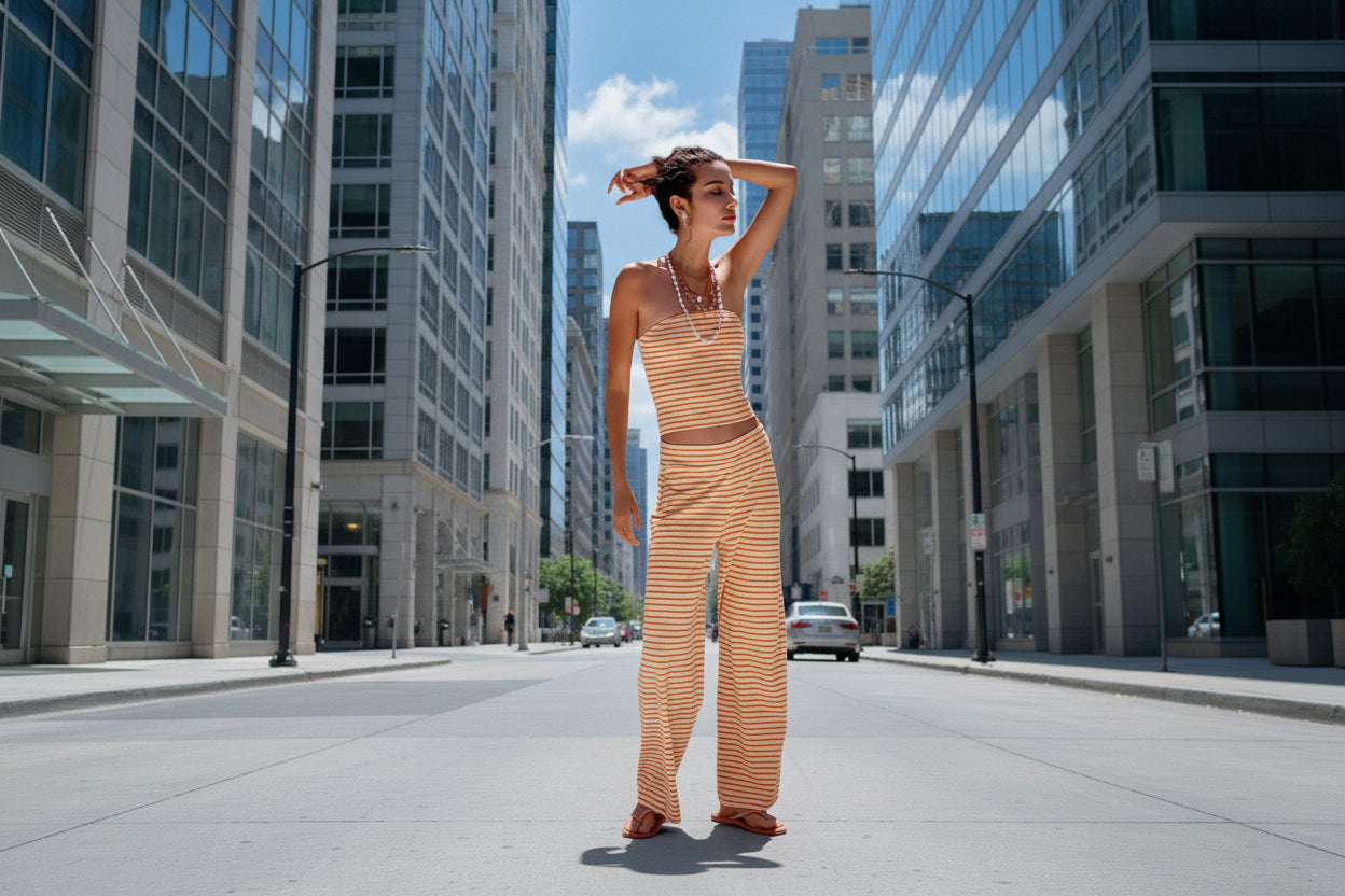 Women's Striped Tube Top & Pants Set – 2-Piece Modal Matching Outfit