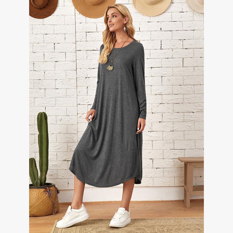 Women's Cotton Maxi Dress – Solid Color Long Sleeve A-Line with Pockets