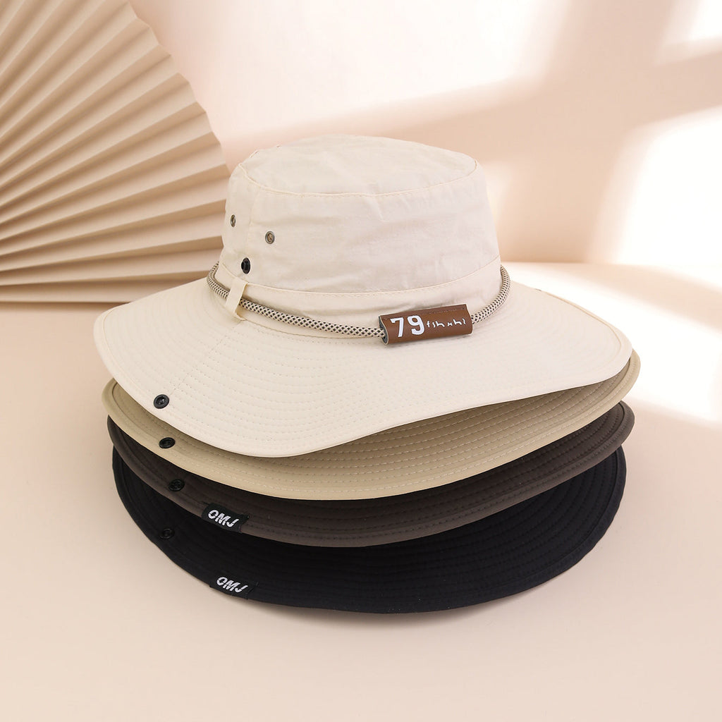 Wide-Brim Leather Patch Fisherman Hat – UV Sun Protection Outdoor Hat