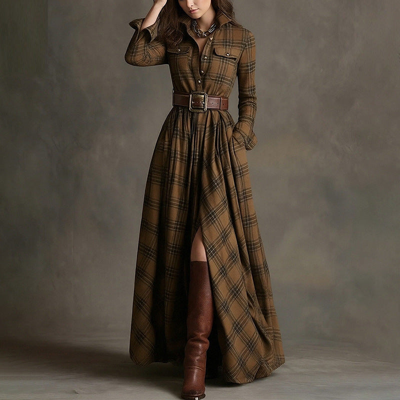 Women's Printed Lapel Slim-Fit Dress – Elegant Commuter Style