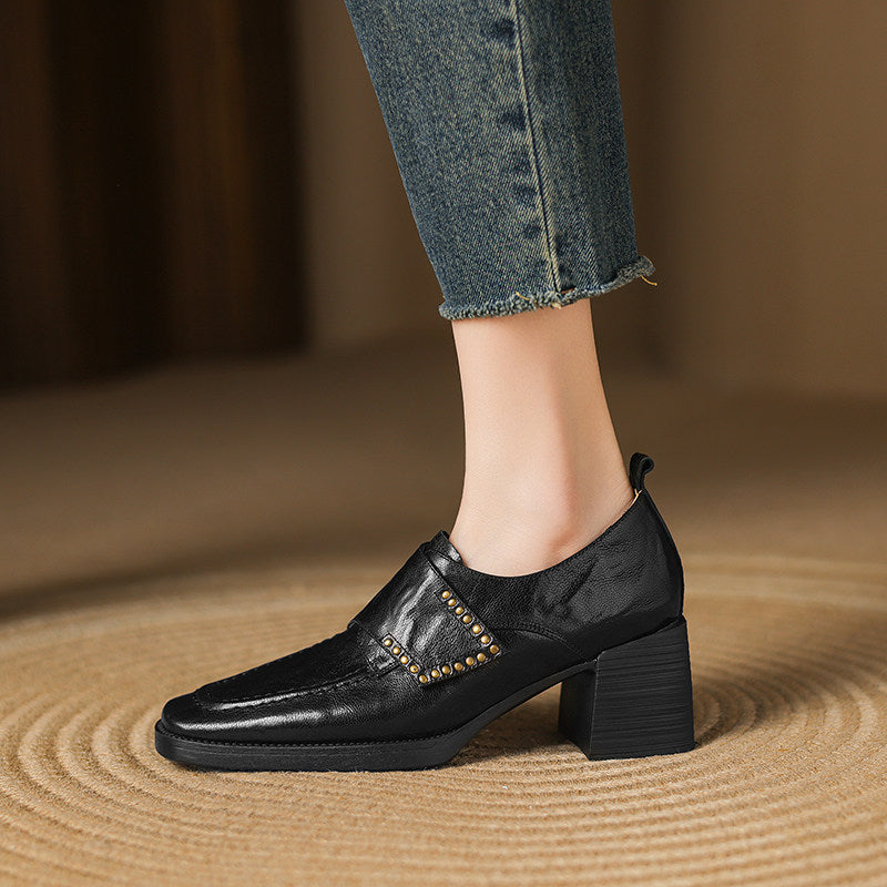 Women's British Style Square Toe Chunky Heel Pumps – Deep Vamp Studded