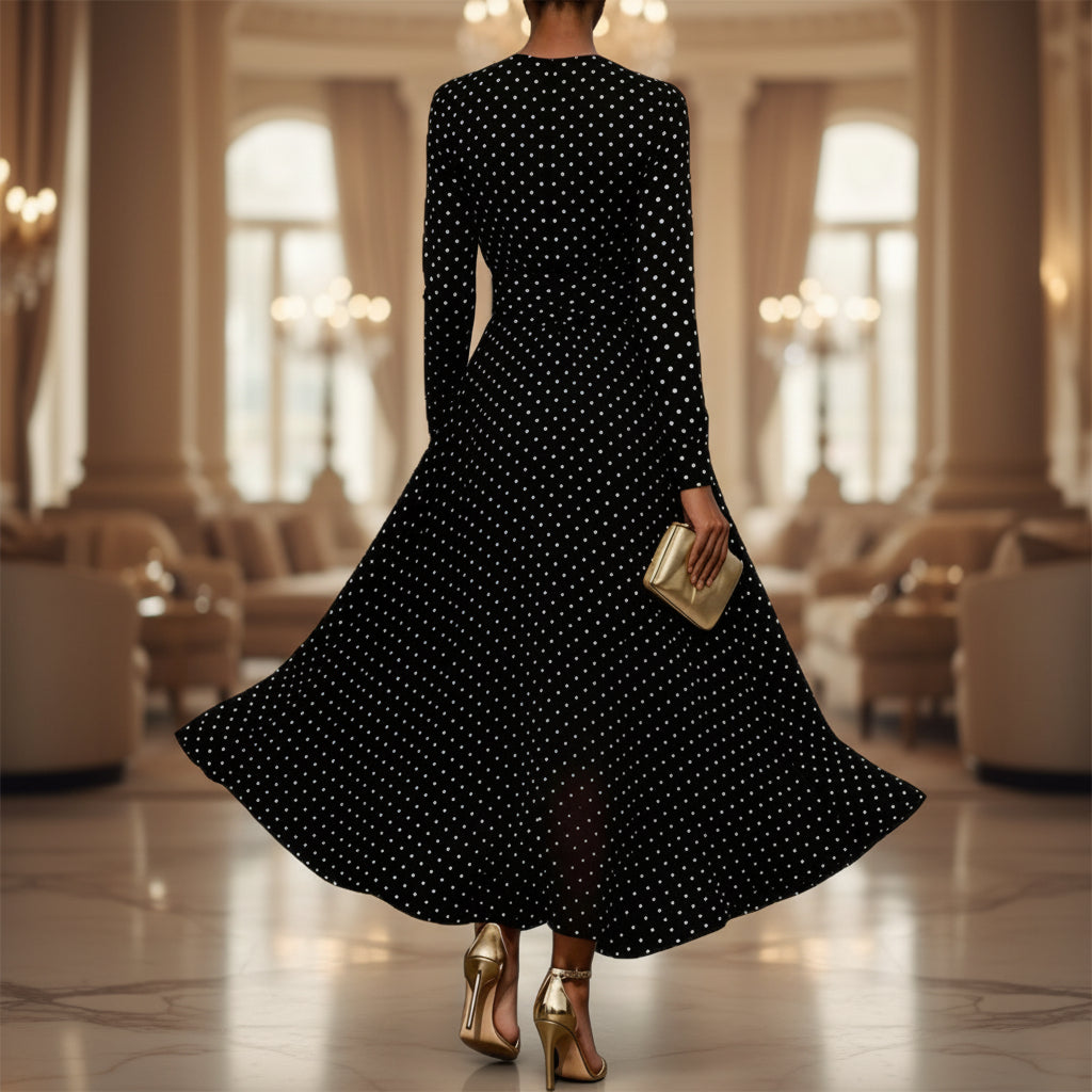 Round Neck Long Sleeve Polka Dot Sheath Dress