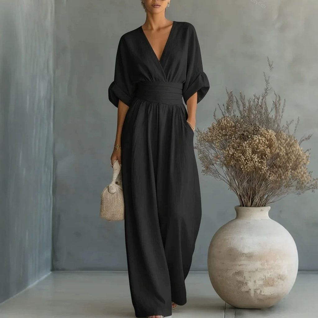 Women's V-Neck Wide-Leg Jumpsuit – High Waist Pleated Elegant 11 Colors S–5XL