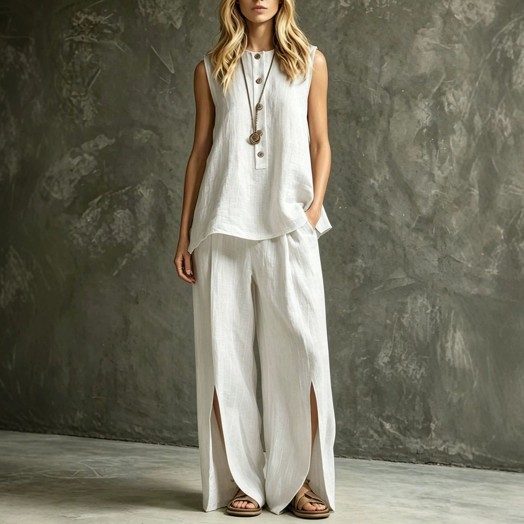 Women's Loose Sleeveless Tank Top & Slit Wide-Leg Pants Two-Piece Set