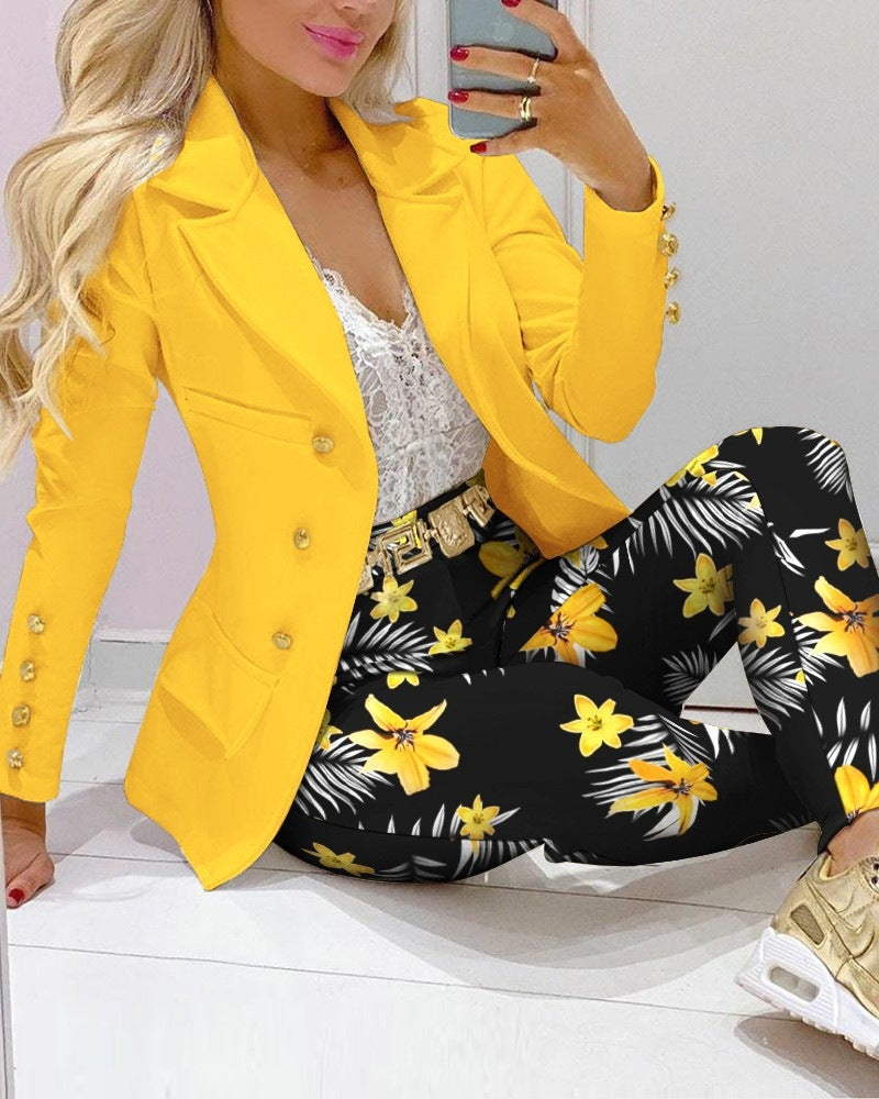 Women's Printed Coat & Trousers Two-Piece Set – 19 Prints, Casual Fashion Suit