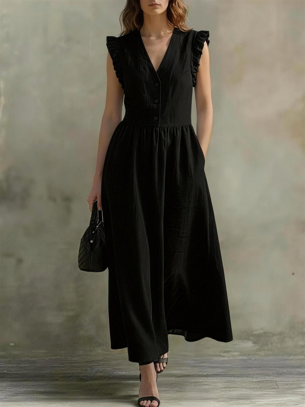 V-Neck Puff-Sleeve Dress with Pockets – Cotton Linen, 7 Colors