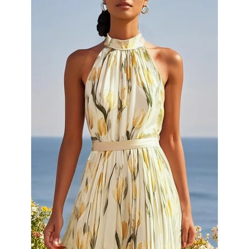 Women's Halterneck High-Waist Swing Dress – Floral & Solid Prints