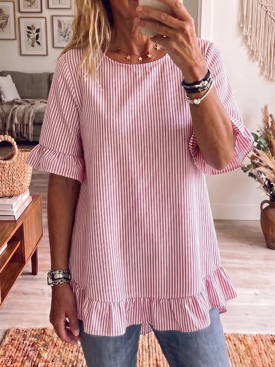 Women's Striped Ruffle-Sleeve Loose-Fit Blouse – Three-Quarter Sleeve