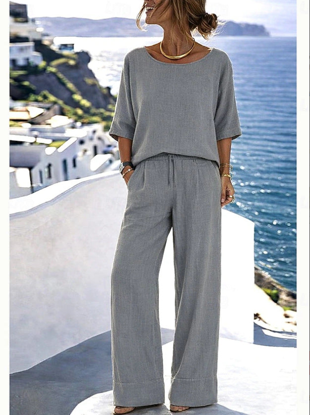 Women's Resort Set – Short Sleeve Top & Wide-Leg Pants