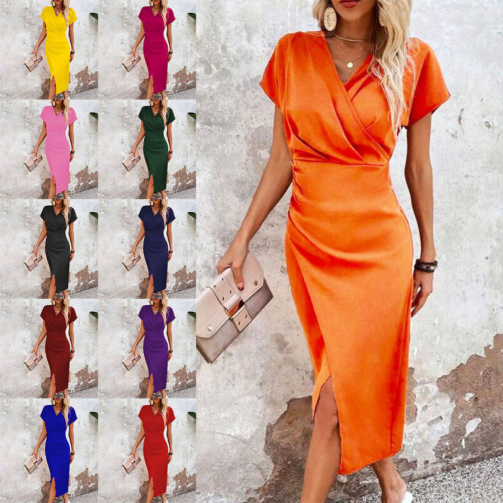 Split V-Neck Bodycon Dress – Slim Fit Short Sleeve Slit Dress