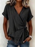 Women's Casual Lapel Collar Lace-Up Short-Sleeve Linen Top