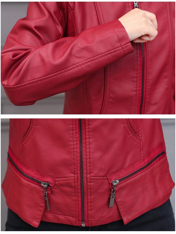 Korean-Style Slim Fit Motorcycle Leather Coat — Stand-Up Collar