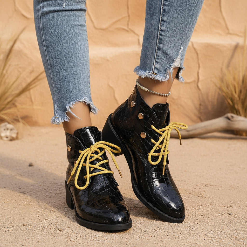 Women's Chunky Heel Pointed-Toe Lace-Up Ankle Boots