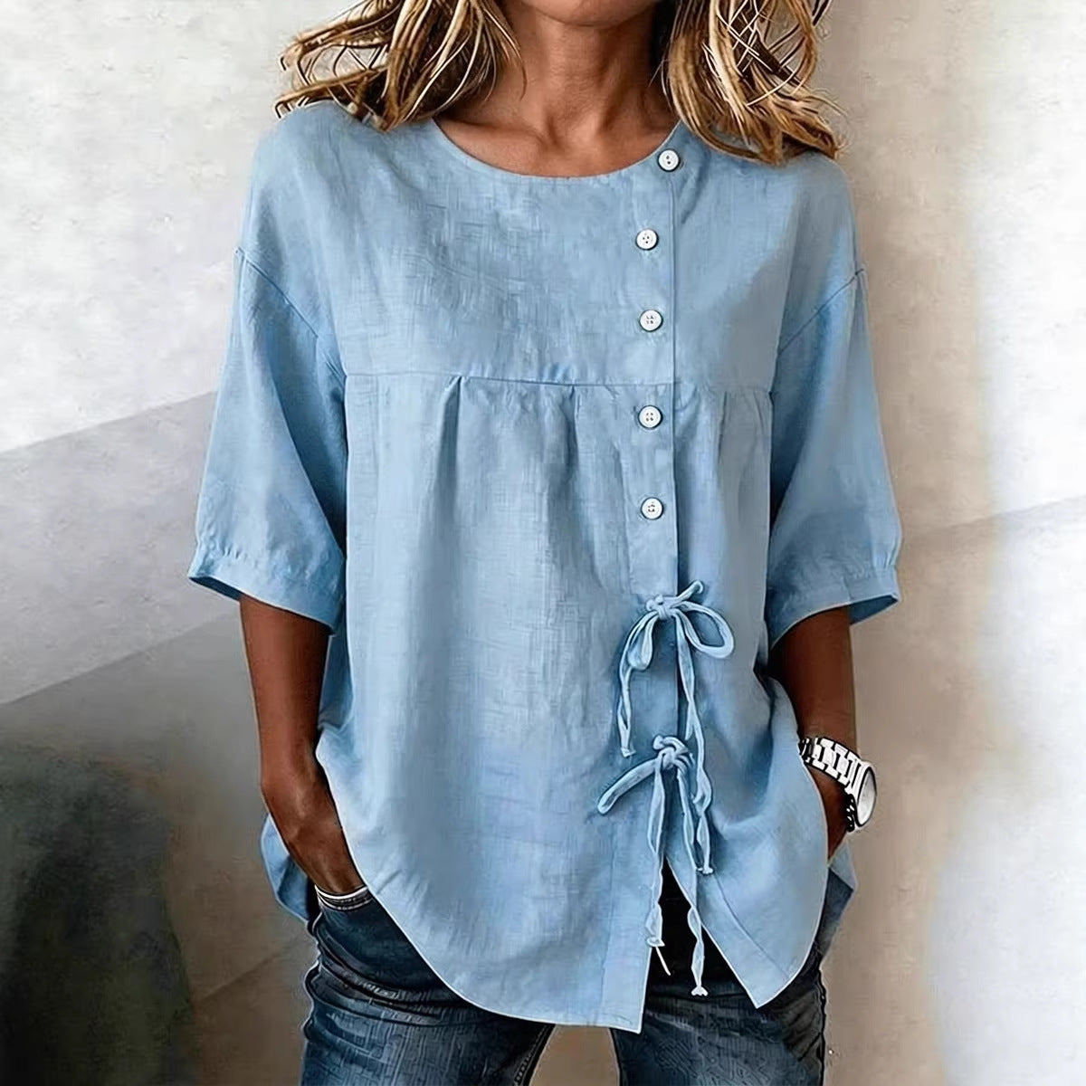 Women's Lace-Up Button Shirt – 3/4 Sleeve Asymmetric