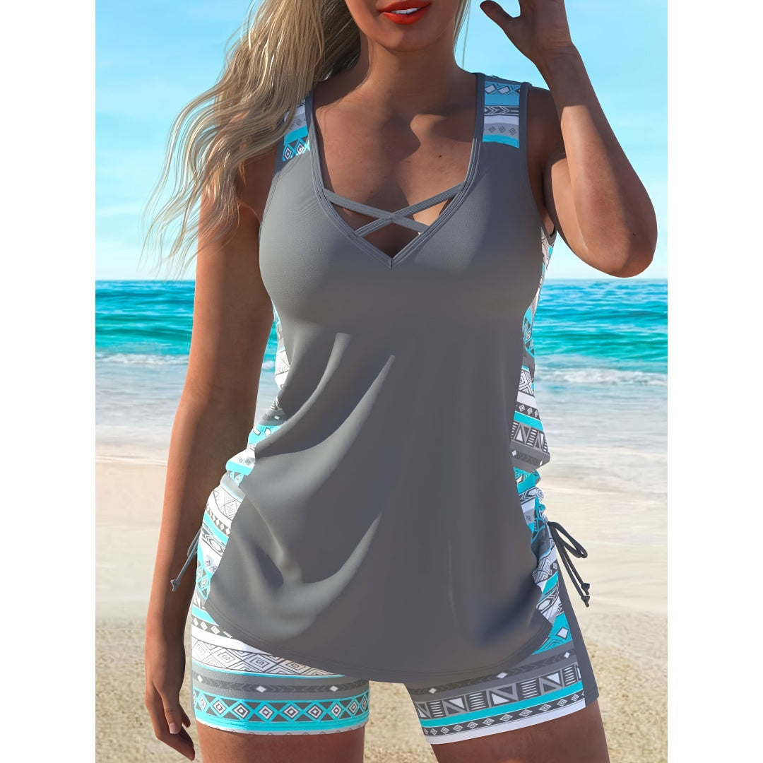 Plus Size Aztec Print Tankini Set – V-Neck Cross-Strap Top & Bike Shorts Two-Piece Swimsuit