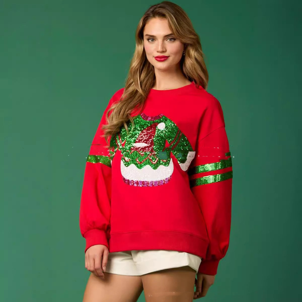 Women’s Christmas Sequined Round Neck Casual Sweatshirt