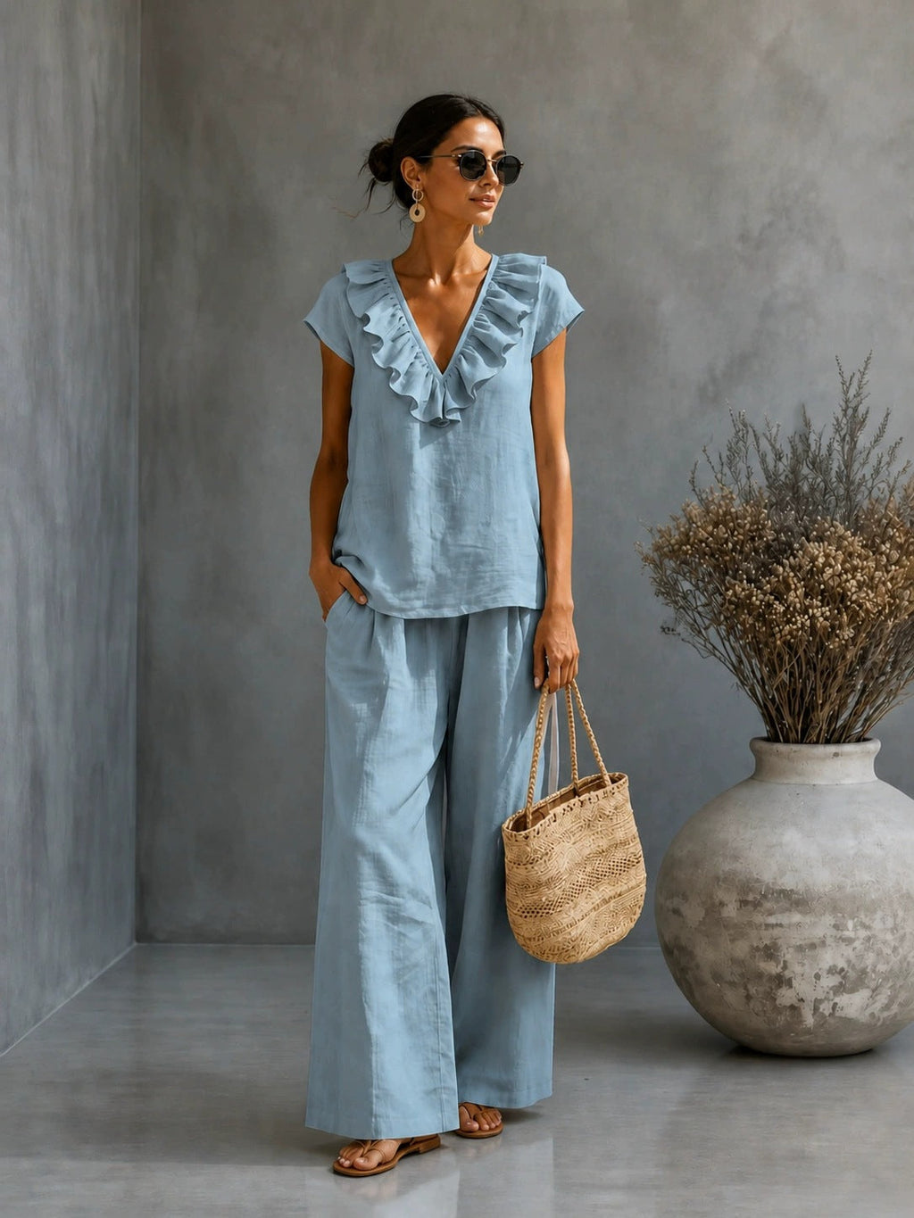 Women's V-Neck Ruffled Hem Top & Wide-Leg Pants Two-Piece Set