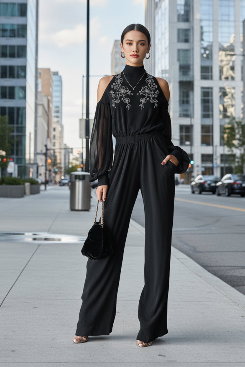 Black Embroidered Women’s Long-Sleeve Wide-Leg Jumpsuit
