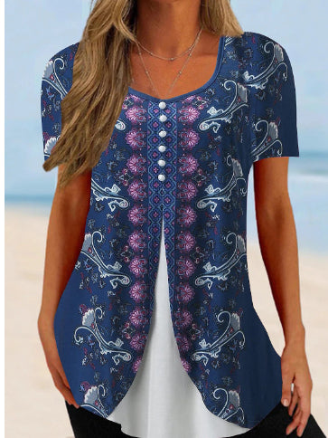 Women’s Printed Faux Two-Piece V-Neck Short Sleeve Top