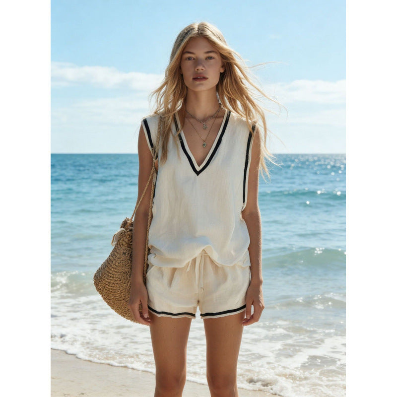 Women's V-Neck Vest & Shorts Two-Piece Set