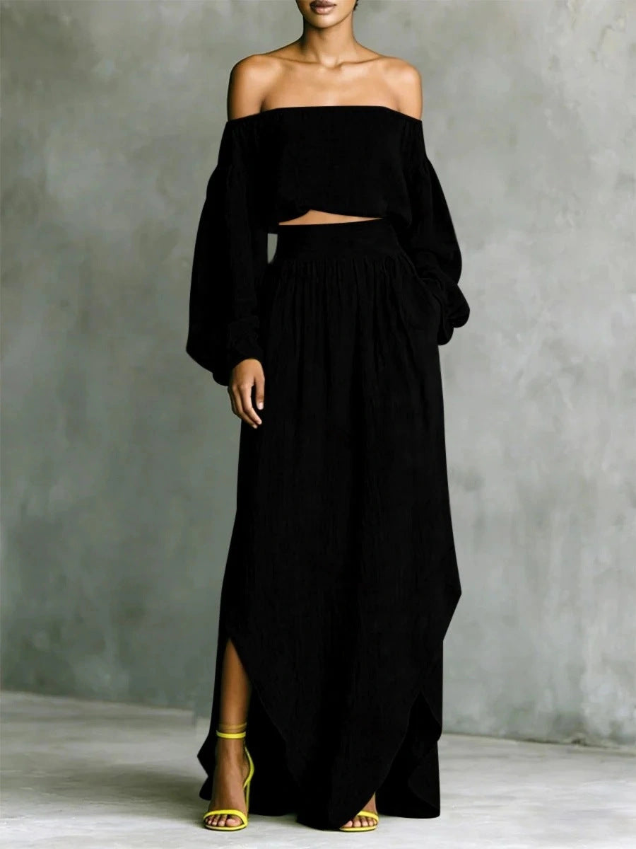 Off-Shoulder Top & Asymmetrical Maxi Skirt Set – Women's 2-Piece Outfit