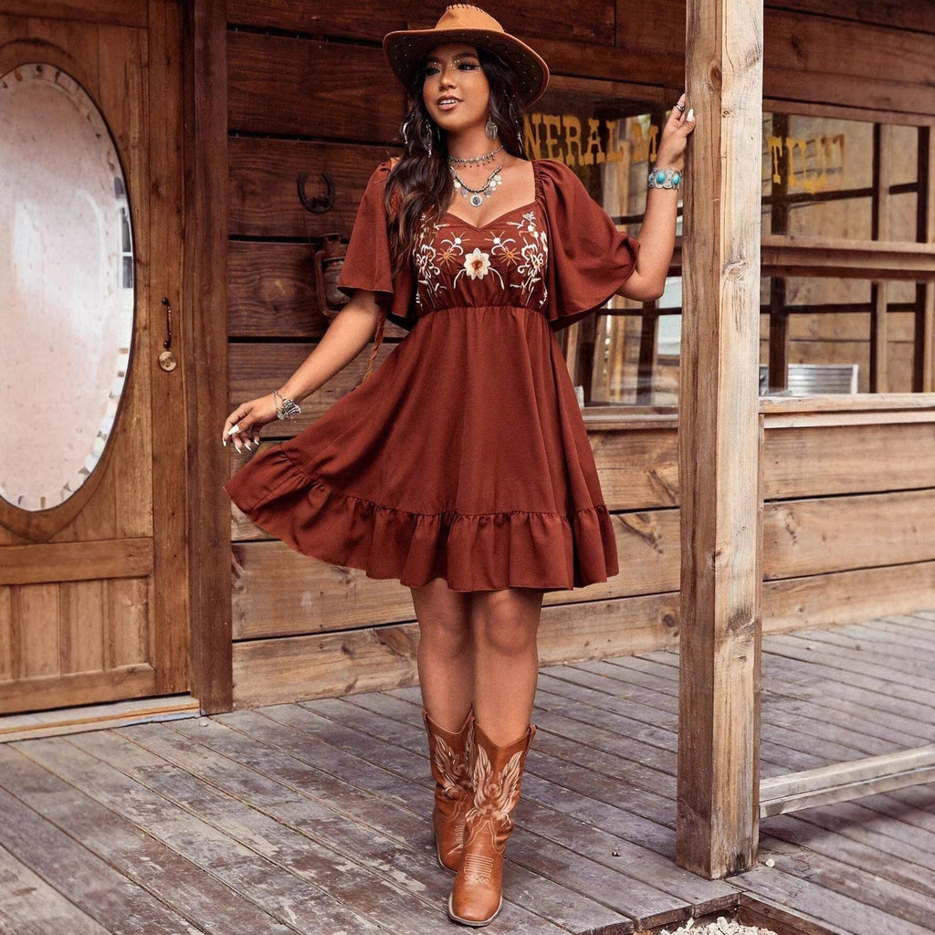 Women's Floral Embroidered Ruffle Short-Sleeve Midi Dress