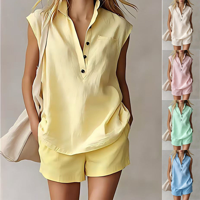 Women's Casual Sleeveless Cardigan Top & Shorts Set