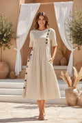 Button-Down Swing Maxi Dress – Short Sleeve Pocket Pullover Long Dress