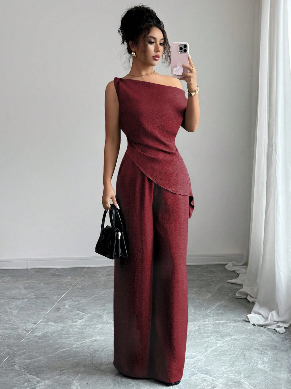 One-Shoulder Asymmetric Top & Wide-Leg Pants 2-Piece Set – Women's Elegant Co-ord Suit