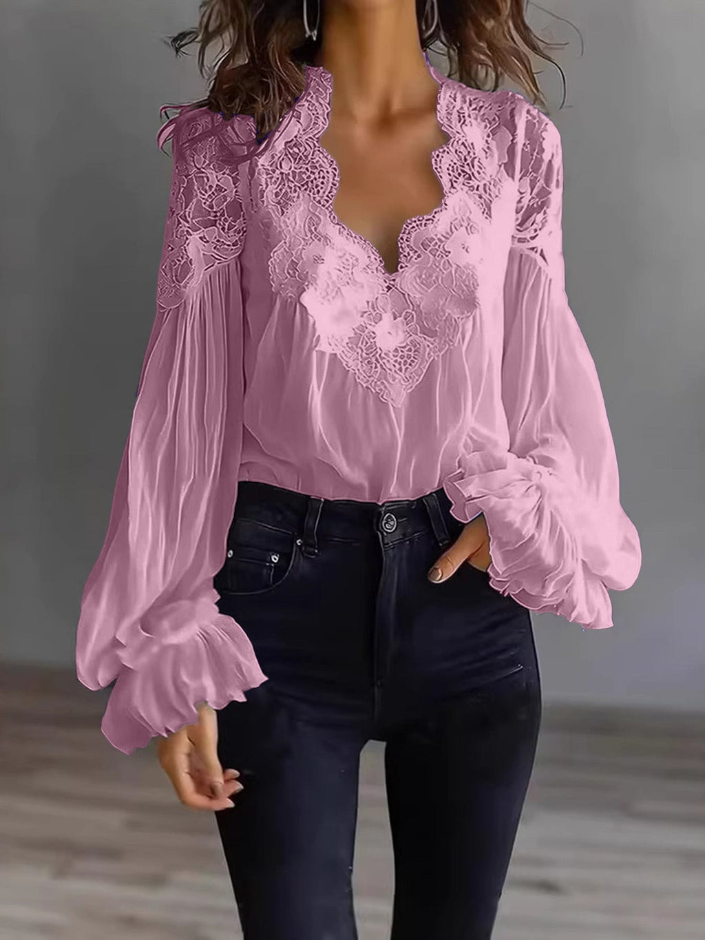 Lace-Panel Puff Sleeve Pleated Ruffle Shirt | Ballet Style