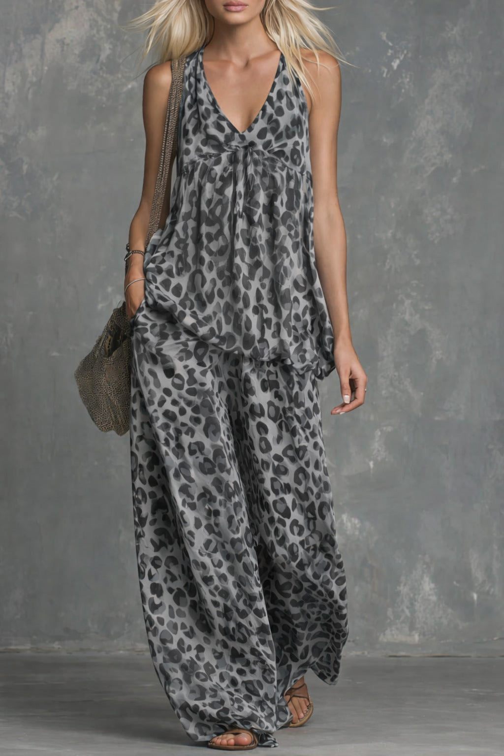 Women’s Leopard Print Sleeveless Top and Chiffon Pants Set
