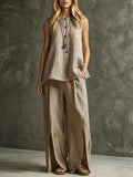 Women's Loose Sleeveless Tank Top & Slit Wide-Leg Pants Two-Piece Set