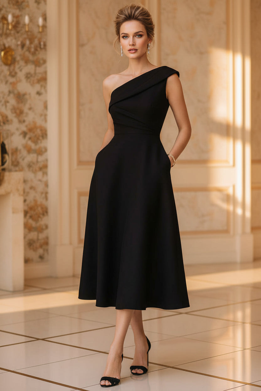 Women's Off-Shoulder Swing Dress – Solid Color Flowy Midi