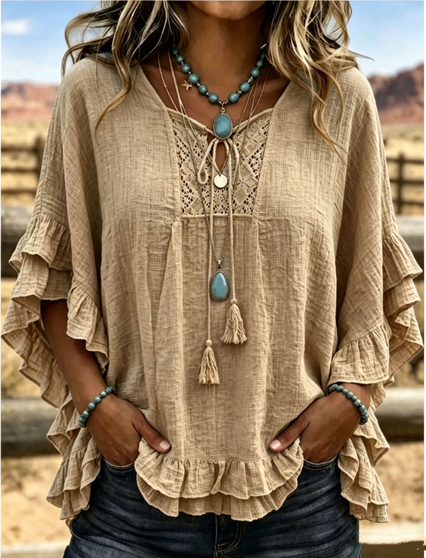 Women's Boho V-Neck Lace-Up Ruffle Sleeve Blouse – Lace Trim