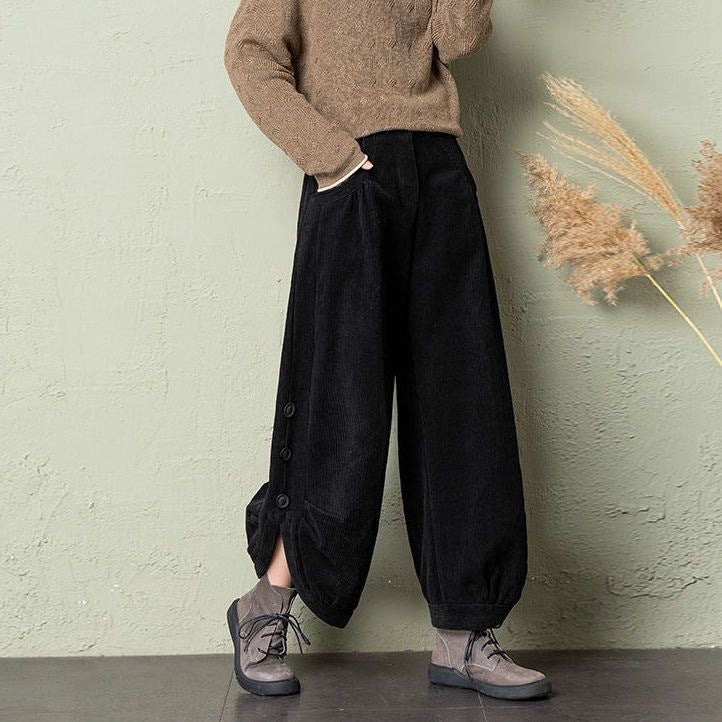 Corduroy Wide-Leg Pants with Lace-Up Detail | Street Style