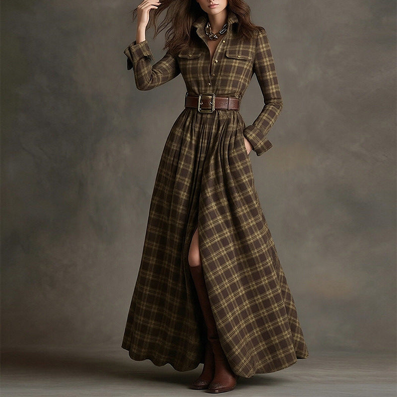 Women's Printed Lapel Slim-Fit Dress – Elegant Commuter Style