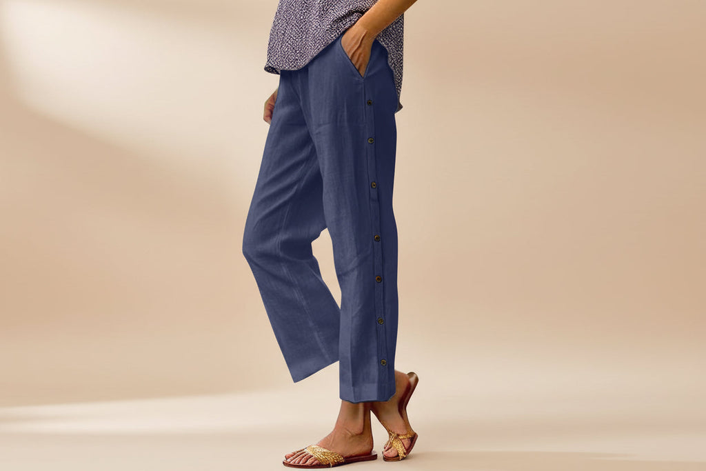 Cropped Pants With Decorative Buttons Along the Side Seams