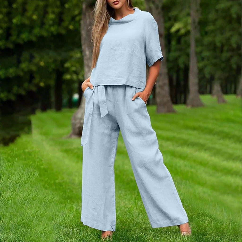 Round-Neck 3/4 Sleeve Top & Pants Two-Piece Set – 6 Colors, S–XXL