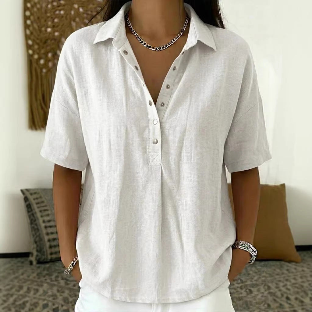 Short Sleeve Button Pullover Shirt – Solid Color Women’s Top