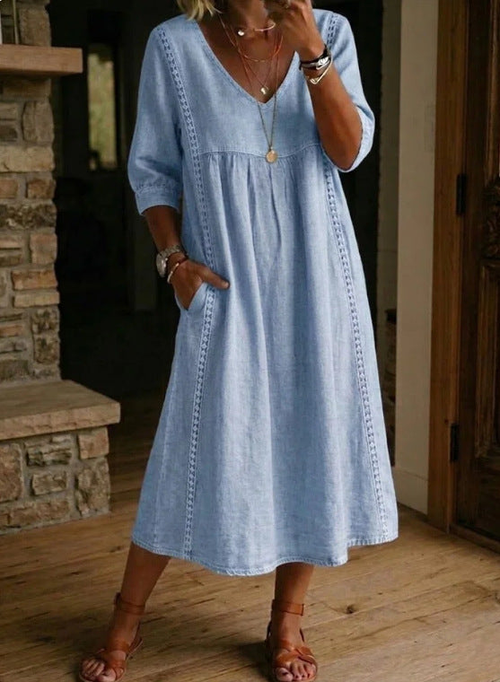 Women's V-Neck Dress – Lace Trim, Loose Fit, 7 Colors