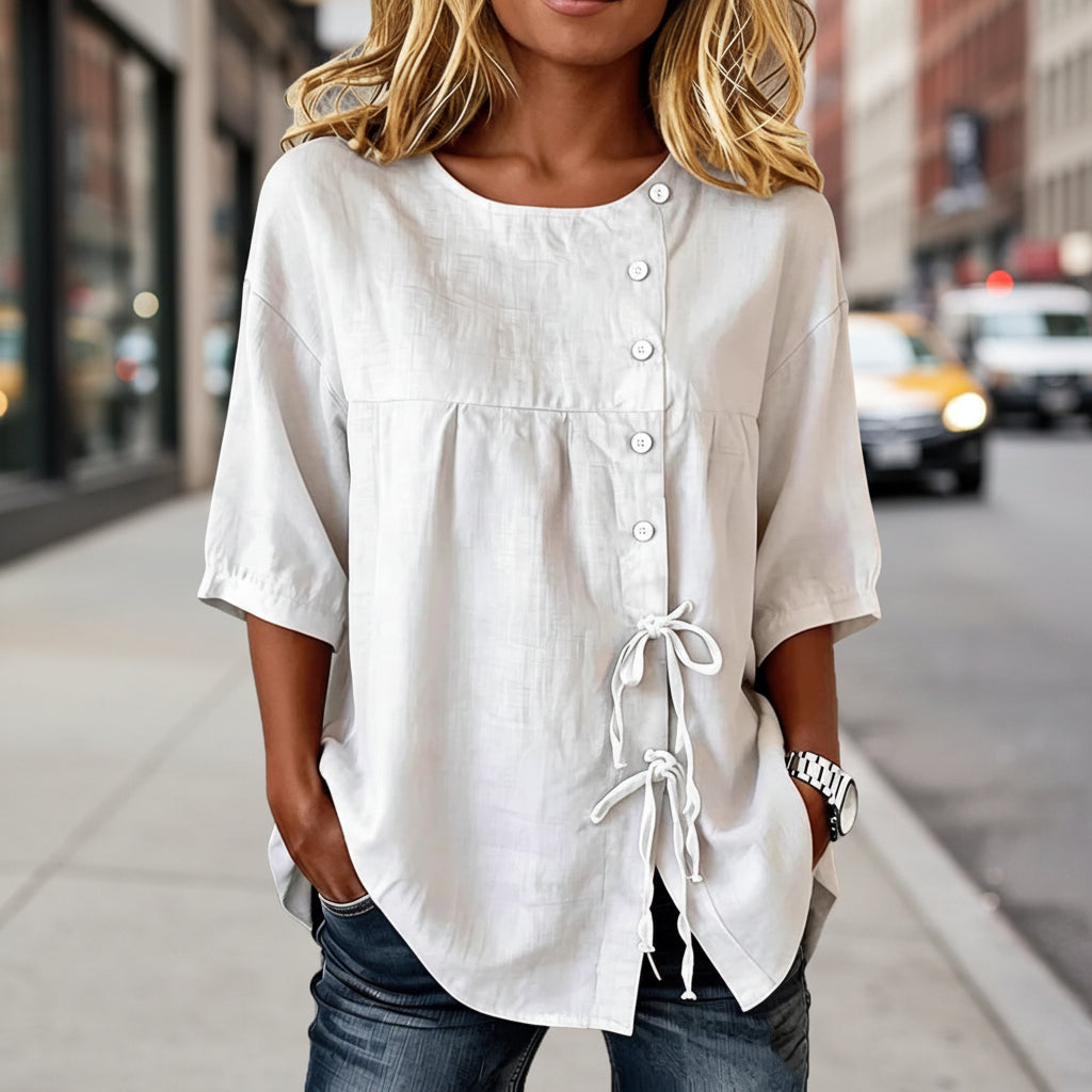 Women's Lace-Up Button Shirt – 3/4 Sleeve Asymmetric