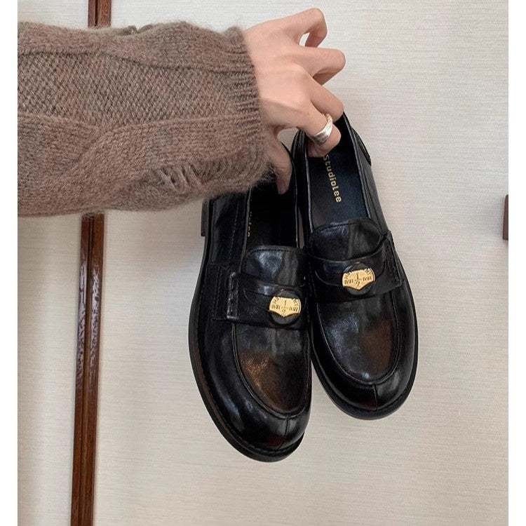 Women's British-Style Gold Coin Loafers | Block Heel Leather Slip-Ons