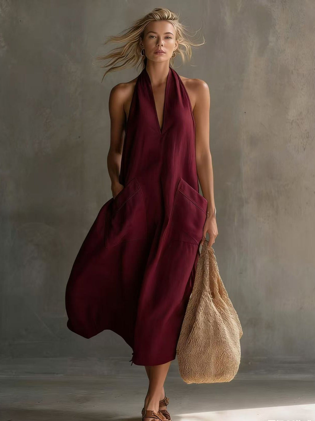 Women's Retro V-Neck Slip Dress – Loose Fit Sleeveless
